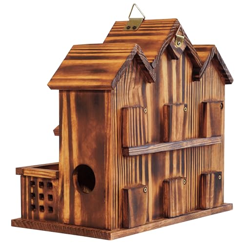 MIXUMON Bird House Outdoor with Feeder, 6-Room Wooden Birdhouse for Outdoors & Outside, Carbonized Pine Wood Bird Houses with 1.57” Entrance & Easy Clean-Out Doors (Green Door) - color: Green Door