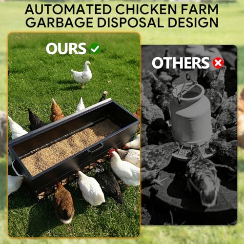 120LBS Automatic Metal Chicken Feeder,Heavy Duty Steel Chicken Feeder Box | Portable Chicken Feede Poultry Feeder with single-side casters and Weatherproof Lid for Ducks, Geese, Black
