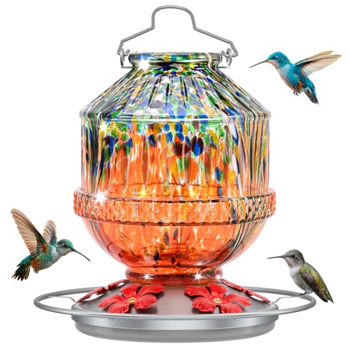 Blown Glass Hummingbird Feeders for Outdoors, 25 Ounces Wild Bird Nectar Feeder with Perch & 5 Flower Feeding Ports Leak Proof Hanging for Garden Backyard Decor, Gifts for Women Mom, Orange - color: Vitality Orange
