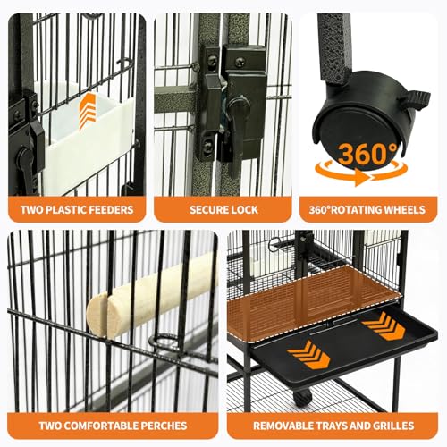41" Large Bird Cage, Parrot Bird Cage with Rolling Stand & Storage Shelf, Heavy Duty Wrought Iron Flight Cage, Secure Lock, Ideal for Parakeets, Parrots, Cockatiels, Conures, Lovebirds - size: 25.4"L x 19.7"W x 5.9"H