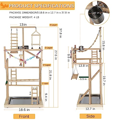 4 Layers Wood Pet Parrot Playstand | Bird Playground, Perch Gym Playpen, Ladder with Feeder Cups Bells, For Cockatiel Parakeet