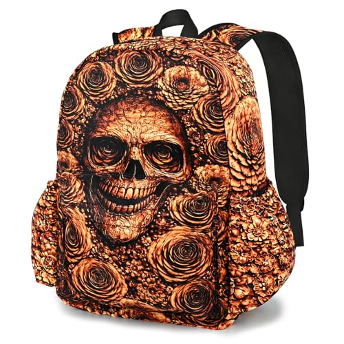 Gold Skull Kids Backpack School Backpack Teens Bookbag for Girls Boys Hiking Camping Travel Sports - color: Gold Skull