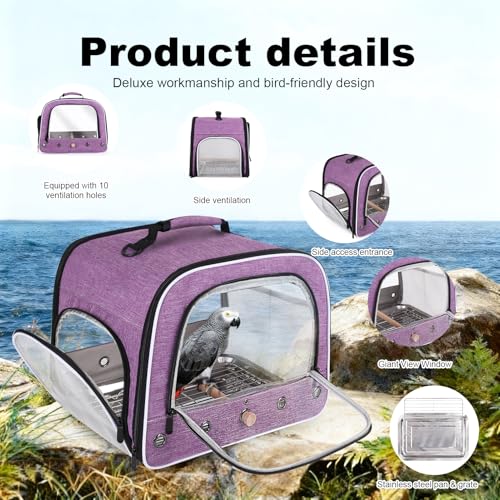 Bird Carrier Bag for Small to Large Bird, Portable Travel Carrier Cage with Standing Perches Metal Tray and Grate (Purple, Large Carrier) - color: Purple