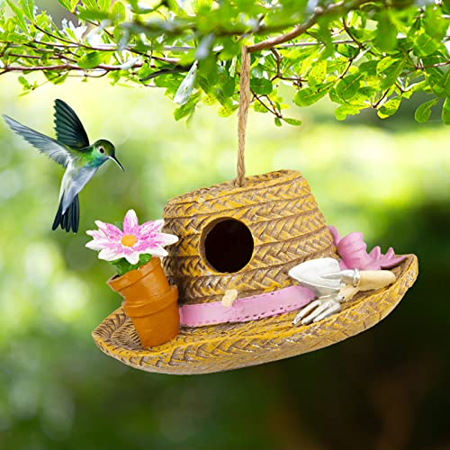Yinns Birdhouse Hanging Decorative Bird House for Outside Garden Decor, Hat | Hanging Decorative Straw Hat Bird House Home Patio Garden Decor for Humming Bird, Bluebird, Wren Nesting - color: C-Straw Hat