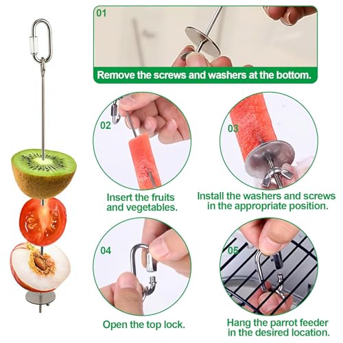 2 Pcs Bird Cage Food Holder Stainless Steel Parrot Fruit & Vegetable Skewer Hanging Foraging Toy for Parakeets, Budgies, Macaws - size: 2 Pcs