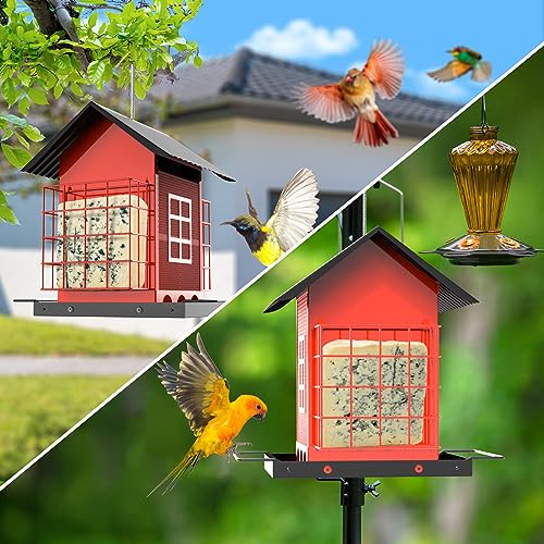 FlowaFoli Bird Feeders for Outdoors Hanging, Metal Bird Feeder with Double Suet Cage Cake, Large Capacity, Birdfeeders Sturdy & Weatherproof, Easy to Clean & Refill, Great for Attracting Wild Birds - color: Red