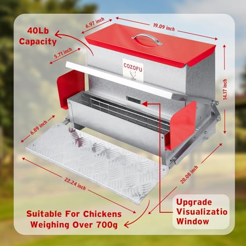 COZOFU's Feeders Automatic Chicken Feeder - Large Capacity for 12 Chickens, Lasts 12 Days (40lb Feed), Durable Galvanized Steel, Rat-Proof, No-Spill, Weatherproof Lid - color: Red, size: 40LB