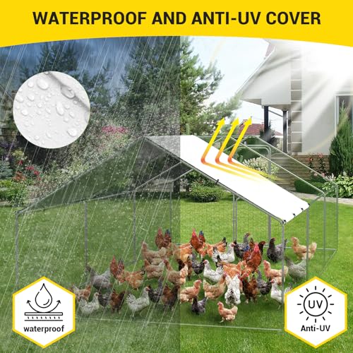 Takywep Walk-in Metal Chicken Coop, 9.8×19.7×6.6FT Galvanized Poultry Cage with Spire Roof, Waterproof UV Cover & Dual Doors, Heavy Duty Large Hen House for Backyard Farm, Suitable for Duck Quail - size: 118.1"L x 236.2"W x 78.7"H