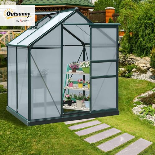 Outsunny 6' x 4' Polycarbonate Greenhouse with Rain Gutter, Dark Green | Aluminum Walk-in Green House, Push Door, for Outside Patio Backyard Garden - color: Dark Green, size: 74.75" x 52" x 79.25"