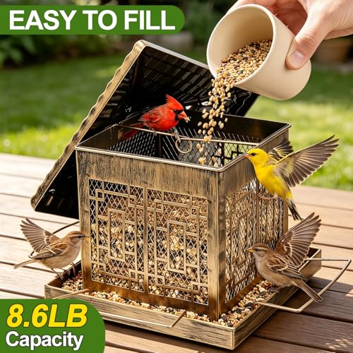 Metal Bird Feeder for Outdoors, 8.6LB Large Capacity Wild Bird Feeders Hanging for Outside, Rustproof Weatherproof with 4 Perches, Attract Cardinals Bluebirds Finches Chickadees Garden Decor
