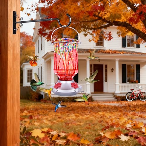 Hummingbird Feeders for Outdoors with Ant Moat, Hand Blown Glass Hummingbird Feeder, 4 Feeding Ports with Perch, Outdoor Garden Décor, 15 OZ, Red, Gifts for Mom Wife Dad Men Women - color: Red