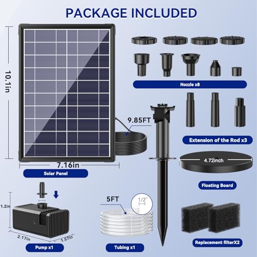 Antfraer Solar Fountain Pump for Bird Bath, 8W Solar Water Fountain Pump with Dry-Run Protection & Double-Layer Nozzles, Solar Powered Fountain with 5Ft Tubing for Small Pond, Bird Bath, Water Feature - style: 8W