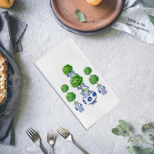 Blue and White Porcelain Chinoiserie Towels, Green Topiary Tree Dish Towels for Kitchen, Hand Towels for Bathroom, 16x24 Inches - color: Blue White03
