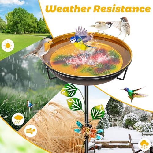 Bird Bath for Outside, Outdoor Metal Birdbath with 5-Prong Stake | 35.4In Height, Adjustable Height, Rust Resistant Finish, Easy Assembly, Shallow Bowl Design, Lawn Patio Decor Gift - color: Orange-yellow