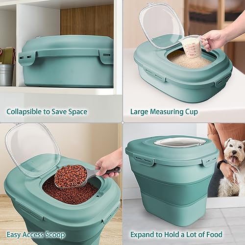 Rice Storage Bin Cereal Containers, 13-50lb Collapsible Rice Container Dispenser with Transparent Lid, Rolling Wheels, Measuring Cup and Scoop, Airtight Dog Cat Pet Food Storage Container Green - color: Green