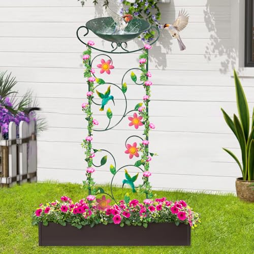 Metal Bird Bath with Trellis, 35" Outdoor Garden Birdbath with Detachable Bowl & Climbing Plant Support, Decorative Bird Feeder Station with Hummingbird for Yard, Patio, Fence - color: Hummingbird