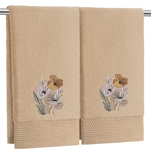 SmoothNovelty 2 Pcs Neutral Boho Floral Hand Towels for Bathroom 14x29 Inch | Embroidered Boho Flower Bathroom Hand Towels, 100% Cotton, Soft Absorbent, Spring Summer Khaki Bathroom Kitchen Decor - style: Neutral Boho Floral