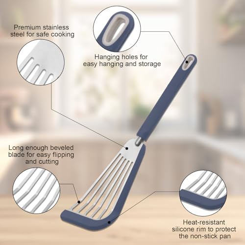 3pcs Silicone Fish Spatula Set with Stainless Steel Turner & Tongs Tweezers, Heat-Resistant Flexible Kitchen Utensils for Nonstick Cookware for Flipping Fish Meat Pancakes Eggs & Burgers