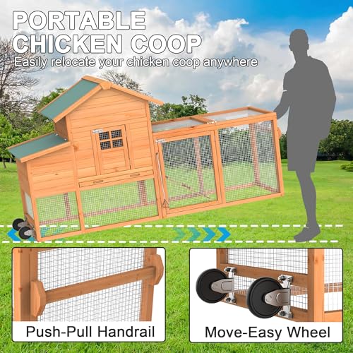 GOJOOASIS Portable Chicken Coop with Wheels & Handrail, Wooden Hen House | Outdoor 83” Predator-Proof Chicken Coop for 2-5 Chickens, Weatherproof Asphalt Top, Removable Tray, Ramp & Nesting Box