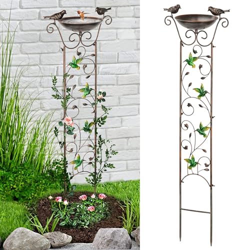 BAYN 43.5 Inch Metal Bird Bath Bowl with Garden Trellis Outdoor | Easy Install, Garden Birdbath and Plants Trellis 2 in 1, Decorative with Hummingbirds, Functional Decor for Yard Patio Lawn - style: Hummingbird