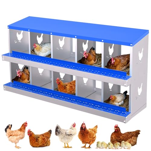 GarveeLife Chicken Nesting Box, 10 Compartment Galvanized Steel Chicken Laying Boxes, Nesting Boxes for Chickens, Easy Egg Collection for Chicken Coop, Backyard, Farms, Blue