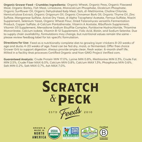 Scratch and Peck Feeds | Grower Crumbles for Chickens & Ducks | 25 lb Bag | 17% Protein, Corn & Soy Free, Certified Organic & Non-GMO Project Verified, Complete Nutrition - size: 25 Pound (Pack of 1), style: Grower