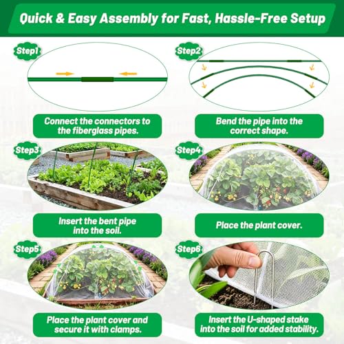 Tetutor Garden Mesh Netting Kit,7 Sets Wide Garden Hoops with 10x30 ft Garden Covers Bird Netting& 12 Clips, Garden Protection for Raised Beds Greenhouse Vegetable Plants Flowers Green - color: Green+white