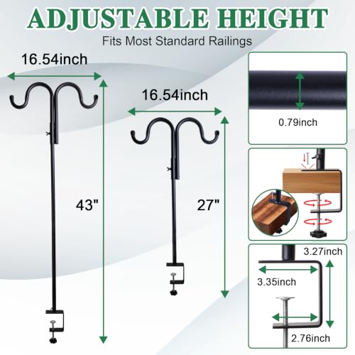 43" Shepherds Hook for Deck Railing, Double Arm Bird Feeder Holder, 2 Pack | Adjustable clamp, heavy duty steel, outdoor plant hanger, bird feeder pole, deck hook for railing, hanging plants & lanterns - color: Black - 2 Pcs