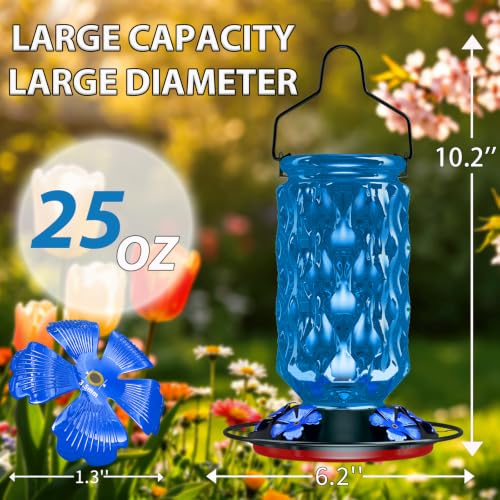 Glass Hummingbird Feeder for Outdoors, 25OZ Hummingbird Feeder with 5 Flower Ports & Perch, Leak-Proof, Crystal Clear – Hummingbird Feeders for Outdoors Hanging, Garden Decor,Gifts for Women Men(Blue) - color: Blue