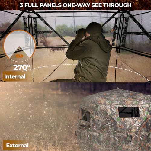 Portable Hunting Blind - 270°/360°See Through with Waterproof Floor Mat | Detachable Ground Mat, Silent Adjustable Windows, Pop Up Ground Blind for 2-4 Person, Camouflage Shelter for Turkey Deer - size: 2-3 Person（270°See Through）