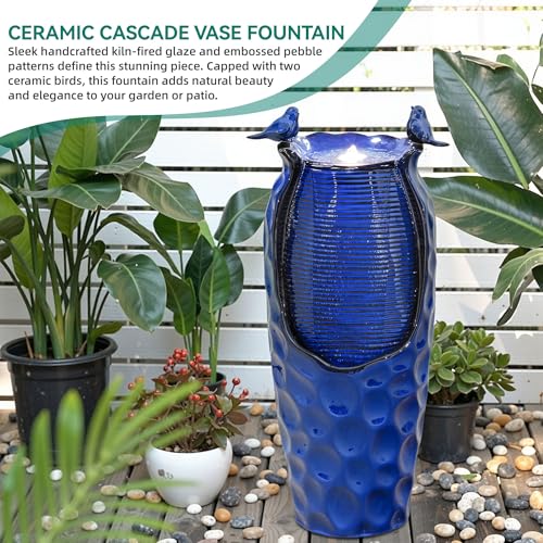 Autodaya 33" Vase Ceramic Outdoor Water Fountain with Lights and Birds | cobalt blue glazed water feature with textured design, ambient soothing cascading water flow for garden patio yard sanctuary - color: 33"h-hammered Cobalt Blue