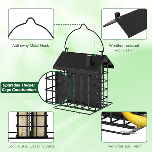 Gbekery All-Metal Double Suet Bird Feeder for Outdoors Hanging, Suet Cake Cage Holder with Weather-Resistant Roof & Perch for Outside Garden, Black - color: Black