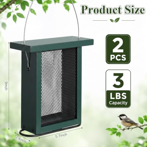 2 Pack Thistle Bird Feeder for Outside Hanging, Heavy Duty Metal Mesh Handmade Wood Feeder, 3 lb Large Seed Capacity, Sliding Mesh, Adjustable Perch, Squirrel Resistant