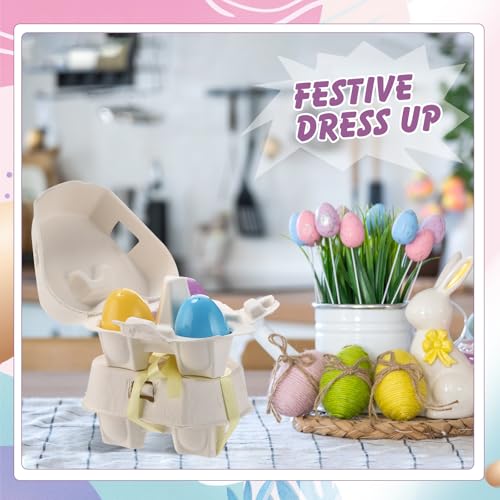 Fullhawl 24 Pcs Egg Cartons White Heart Shaped Egg Holder Natural Pulp Paper for Chicken Eggs with Macaron Color Label Ribbon for Easter Gift, Arts and Crafts Reusable (Cute) - style: Heart