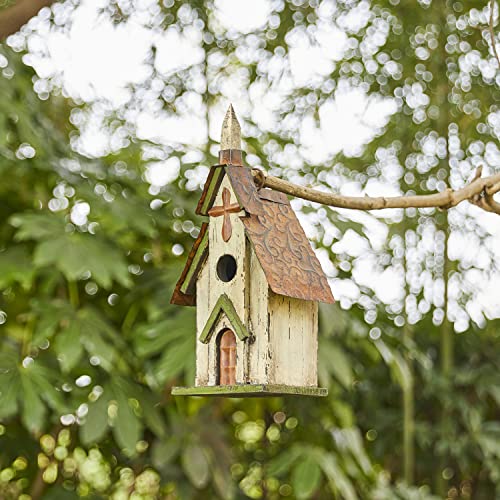 Glitzhome 14" H Hanging Distressed Wooden Church Birdhouse Garden Decor - color: 14"H