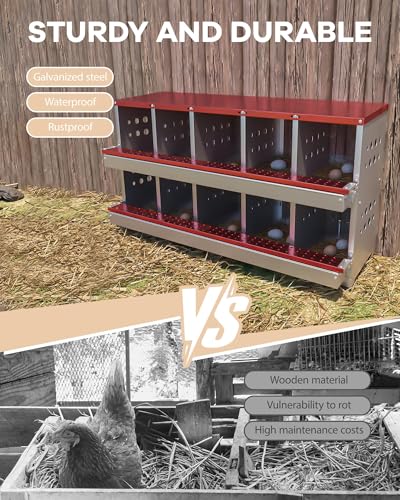 Chicken Nesting Box for Laying Eggs, 10-Compartment Galvanized Steel Nesting Boxes for Hens, Front Access Egg Tray, Easy Wall Mount Design, Includes 10 Training Eggs - color: Red