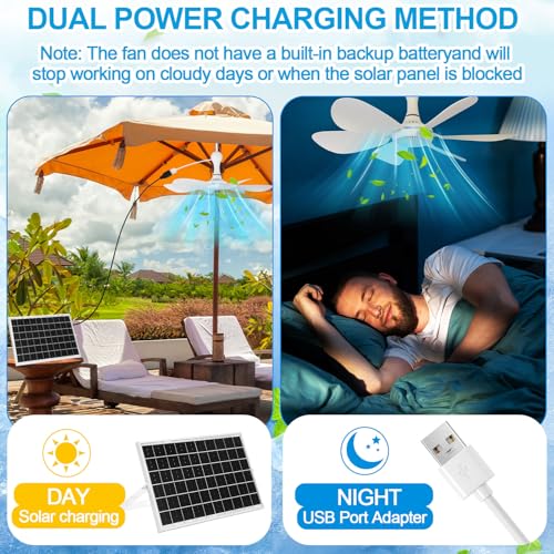 Tujoe Solar Ceiling Fan for Outdoor, 15w USB Portable Ceiling Hanging Fan, Dual Charging Modes & Solar Panel Powered for Chicken Coop, Tent, Greenhouse, Shed, Gazebo