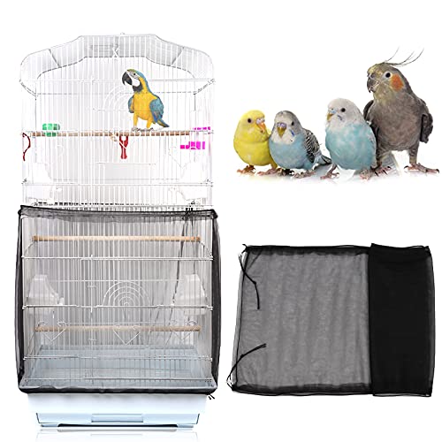 Daoeny Universal Bird Cage Cover, Adjustable Parrot Nylon Airy Soft Mesh Net, Seed Feather Catcher, Birdcage Cover Skirt Sheer Guard for Parakeet Macaw Round Square Cages (Black) - color: Black
