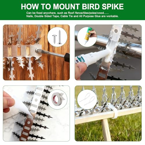 Bird Spikes for Outside 12 Pack 12 FT Stainless Steel Deter Pigeon Squirrel | Made of durable stainless steel, effective deterrent for pigeon, squirrel, cat, raccoon and snake - size: 12 FT