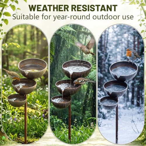 Hicarer 1 Pack 3 Bowl Stainless Steel Rain Catcher Garden Stake, Rust Proof Bird Bath Plant Support Water Stand Rain Collector for Garden Bee Butterfly Bird Feeder Outdoor Decor (3.9",3.1",2.3")