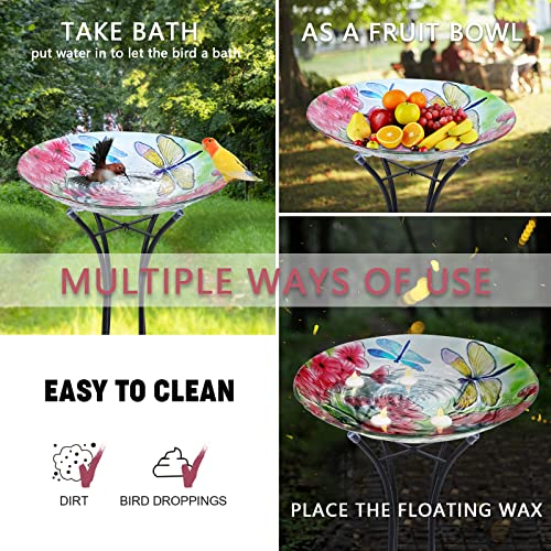 Glass Bird Bath with Metal Stand, Outdoor Garden Feeder, Dragonfly | Glass Large Bird Baths Bowl with Metal Stand for Outdoors, Dragonfly Patterns Bird Feeder for Outside Garden, Patio Decor - color: drgonfly