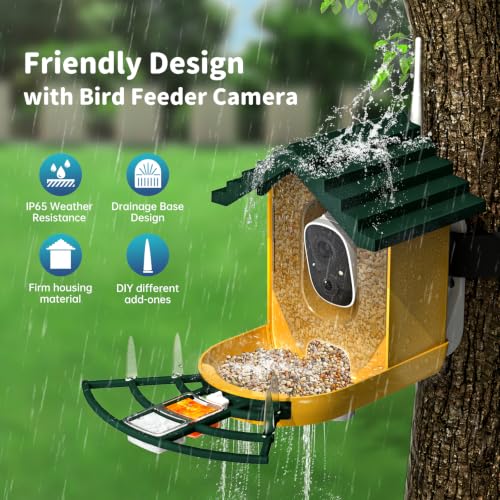 Smart Bird Feeder with Camera Solar Powered & AI Bi rd Identification, 2.4Ghz WiFi Bird feeders for Outdoors, 2K Live Video, Instant Arrival Alerts-Green-Yellow - color: Green-Yellow