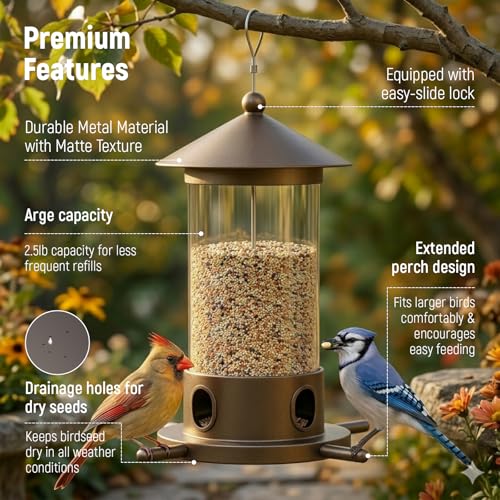 Metal Bird Feeder for Outdoor Hanging - Premium Iron Wild Bird Feeders, Bronze Heavy Duty Iron with Drainage Holes, One-Handed Refill Sliding Roof, Elegant Minimalist Garden Decor
