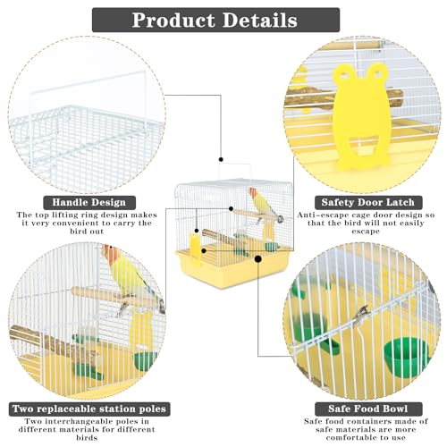 Small Bird Cage for Travel, Parrot Carrier with Handle 9.5"L x 12"W x 12"H | Easy to Assemble, Birdcages with Feeder Cups & Standing Perch for Smaller Birds Conures Lovebird Cockatiel Parakeets, Yellow - color: Yellow