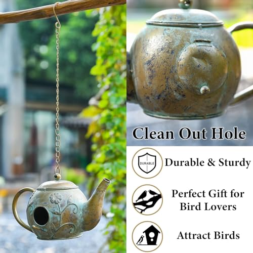 Bird House, Teapot Hanging Bird House, Metal Bird Houses for Outside, Antique Cute Birdhouse, Unique Decorative Birdhouses for Outdoors Garden Patio Yard Lawn Backyard Decor - color: antique