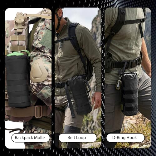 Tactical Water Bottle Pouch, Anti-Swing, MOLLE Belt Loop, 18-25oz | 3-Way Attach: MOLLE, Belt & D-Ring | 1000D Nylon | Mesh Drain Bottom | For Hiking, Hunting, Camping - color: Black