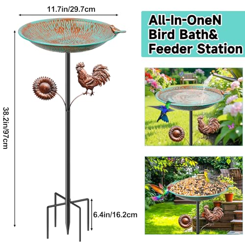 38" Metal Bird Bath for Outside, Vintage Garden Birdbath with Bird Statue, Freestanding Bird Bath Freeder with Sturdy 5 Prongs Base for Outdoors Patio Yard Lawn Decor (Retro Cyan) - color: Retro Cyan