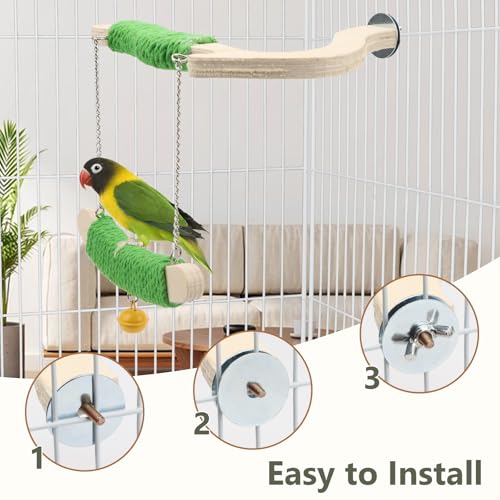 Litewoo Bird Swing Perch Stand Parrots Chewing Toy for Parakeets Cage, M | Natural wood & green hemp rope, chew/swing/stand toy, balance & exercise for small-medium bird/budgies/conures/lovebirds - size: M
