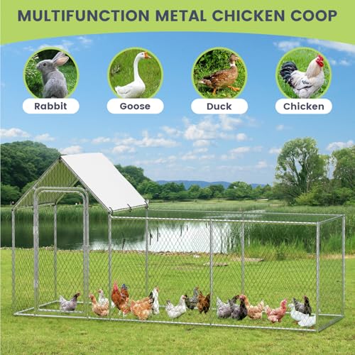 GarveeLife Metal Chicken Coop, Large Chicken Run with Waterproof and Anti-UV Cover, Walk-in Chicken Coop for 6/10 Chickens (9.8 ft L x 3.3 ft W x 5 ft H)