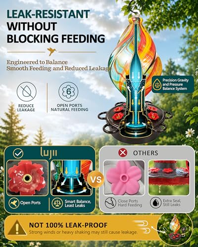 LUJII Smart Hummingbird Feeder with Camera for Outdoor Hanging, Hand Blown Glass, Solar WiFi Feeder with Live View App, 6 Feeding Ports, Leak-Resistant Design, Ant Moat & Gift Box, 28 fl oz, Ribbion - color: Ribbon, size: Large